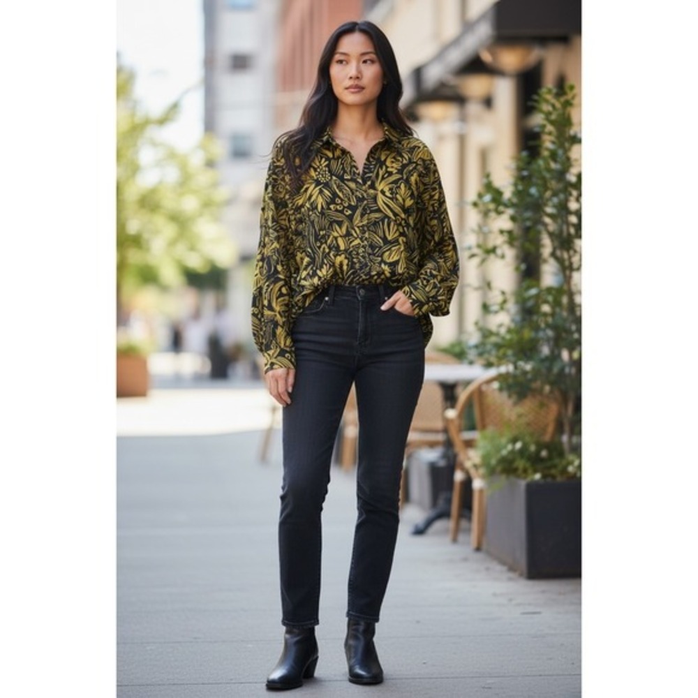 See U Soon Yellow Black Floral Botanical Print Long Sleeve Blouse Top NWT XS